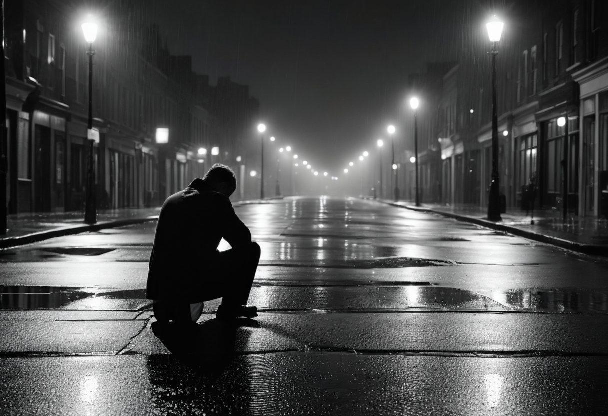 A poignant black-and-white photograph of a solitary man sitting on a deserted street, head bowed, with raindrops gently falling around him. Soft shadows cast by streetlights create a melancholic atmosphere, while reflections in puddles accentuate the theme of sadness. Incorporate ghostly figures in the background to symbolize memories. super-realistic. monochrome. dramatic lighting.