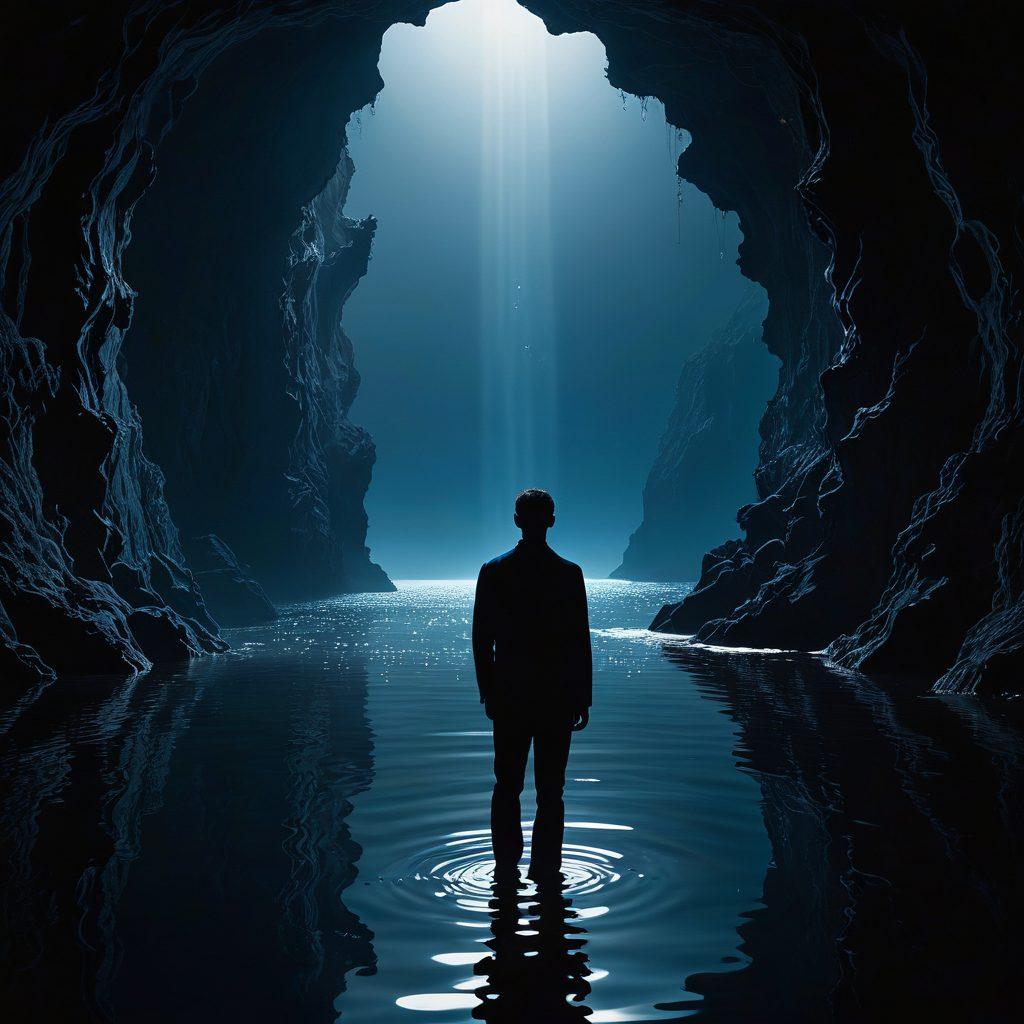 A contemplative male figure stands at the edge of a shadowy, deep blue abyss, with water reflecting intricate patterns of light and darkness. His expression is one of introspection and vulnerability, surrounded by ethereal silhouettes of lost memories and melancholic landscapes. The overall composition evokes a sense of solitude and deep emotion. The scene is bathed in soft, muted tones with a touch of surrealism, enhancing the theme of sadness. super-realistic. muted colors. ethereal atmosphere.