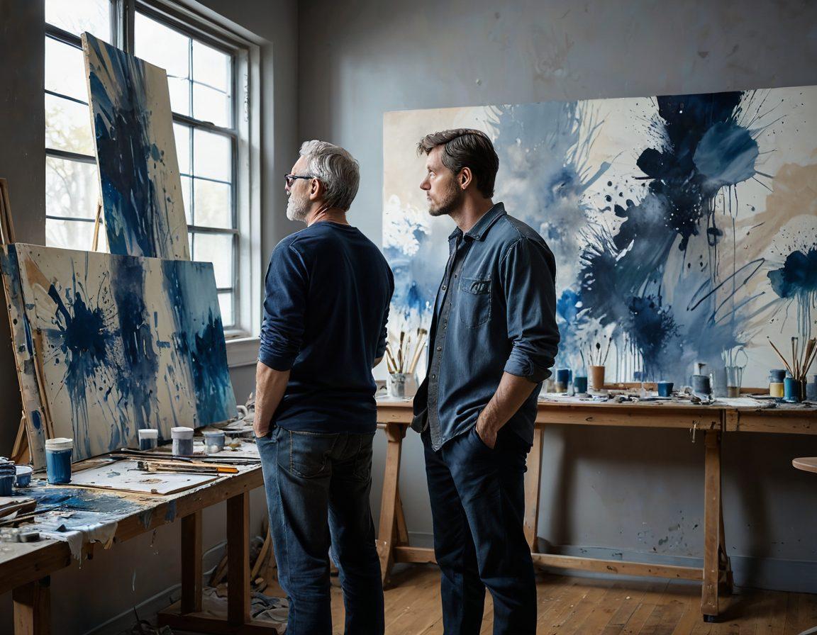 A contemplative male artist standing in front of a large canvas depicting abstract expressions of melancholy, surrounded by deep blues and muted grays. The studio is filled with brushes, paint splatters, and soft natural light filtering through a window. The artist gazes thoughtfully at the canvas, reflecting on his journey and emotions. Elements like a scattered palette and unfinished sketches enhance the creative atmosphere. painting. subtle tones. warm lighting.